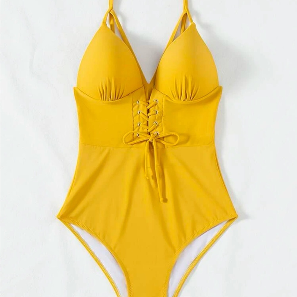 Solid lace up underwire one piece swimsuit large